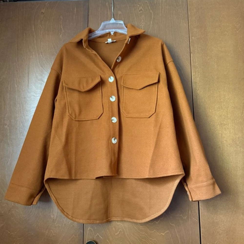 Lala Factory Faux Wool Copper Brown Hi-Lo Hemline Oversized Jacket NWOT Sz Small